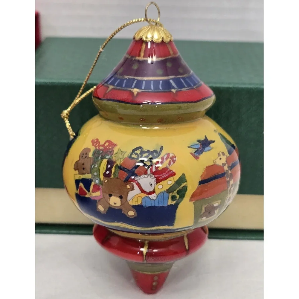 Lot/2 Pier 1 Li Bien Reverse Hand-Painted Glass Christmas Ornaments with Boxes